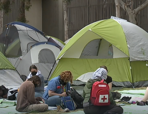 Figure 13: A medic speaks with members of the Encampment on May 2. Image credit: screen grab from ABC 10 NEWS video [82]