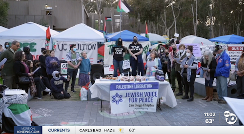 Figure 21: Shabbat celebration in front of the Encampment on May 3. Image Credit: ABC 10 News [86]