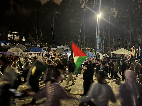 Figure 24: Students and community members participate in traditional Dabke dancing in front of UCSD Encampment. Image credit: Anonymous